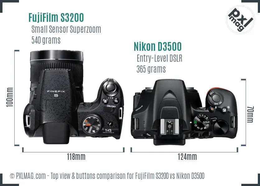 FujiFilm S3200 vs Nikon D3500 top view buttons comparison