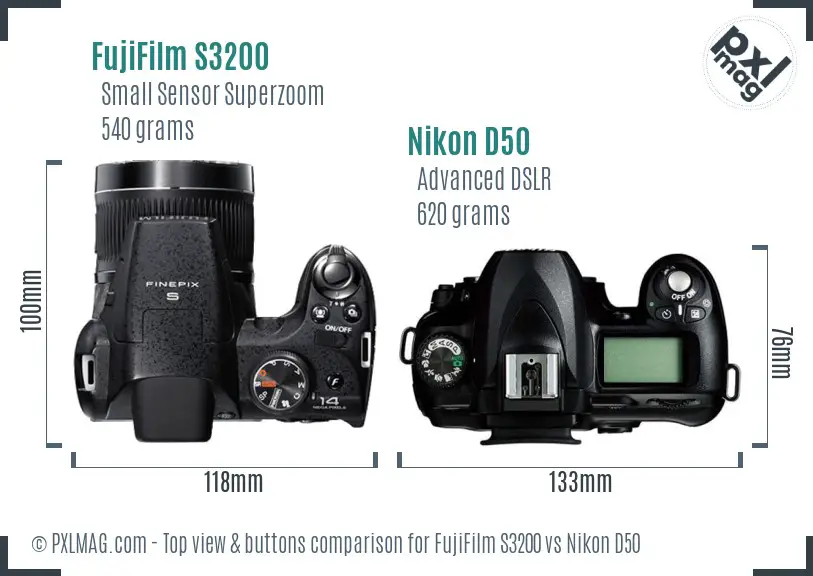 FujiFilm S3200 vs Nikon D50 top view buttons comparison