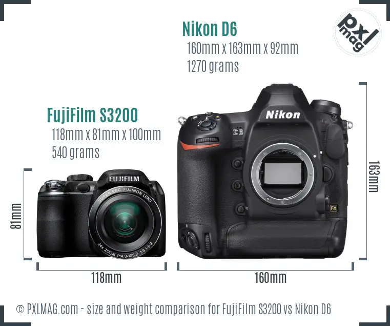 FujiFilm S3200 vs Nikon D6 size comparison