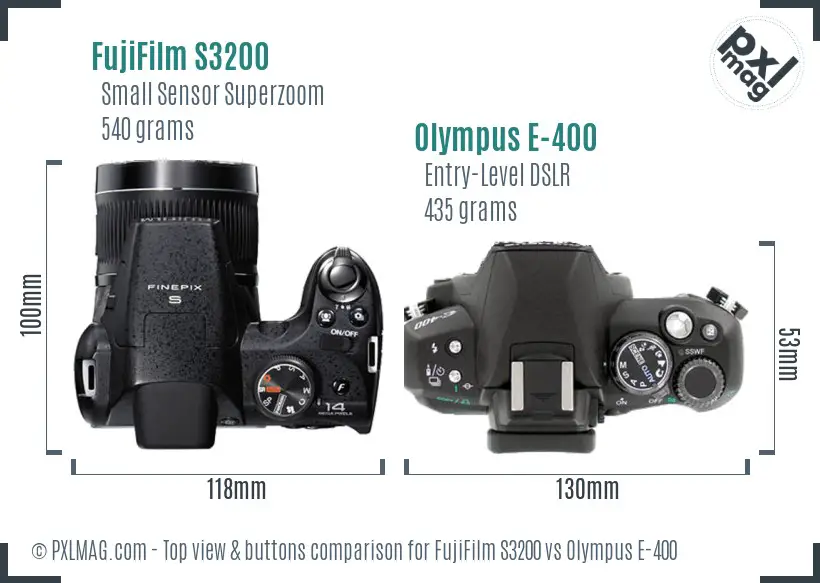 FujiFilm S3200 vs Olympus E-400 top view buttons comparison