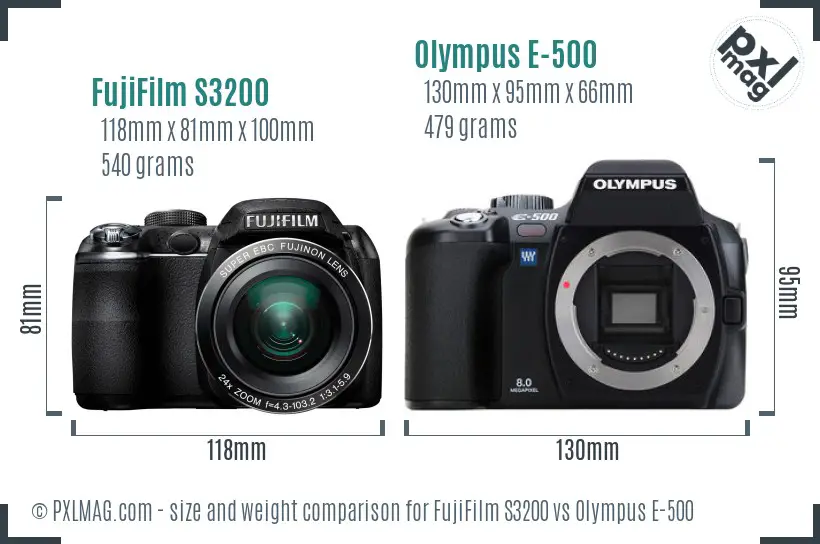 FujiFilm S3200 vs Olympus E-500 size comparison