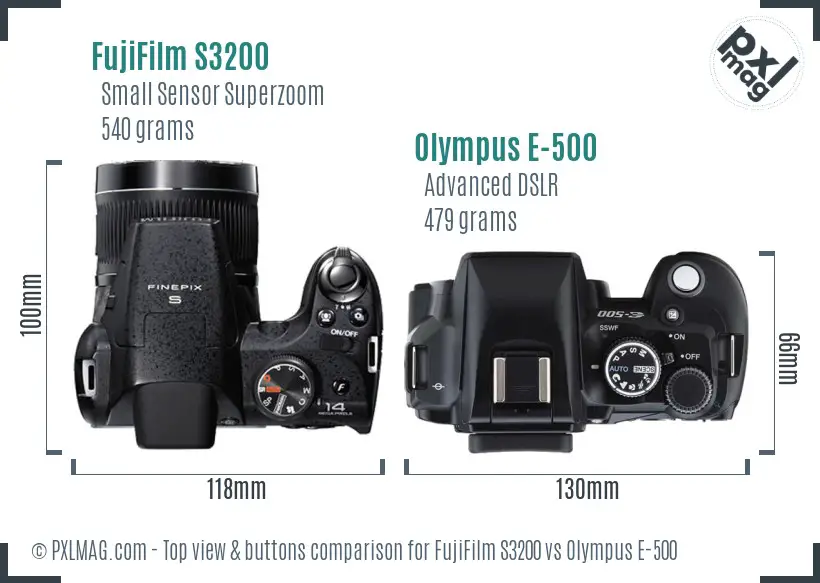FujiFilm S3200 vs Olympus E-500 top view buttons comparison