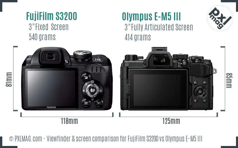 FujiFilm S3200 vs Olympus E-M5 III Screen and Viewfinder comparison