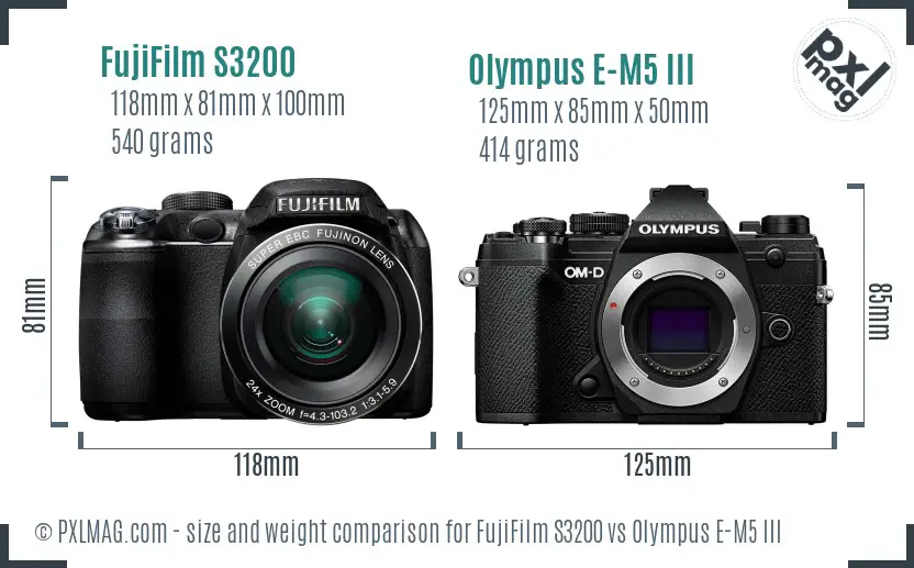 FujiFilm S3200 vs Olympus E-M5 III size comparison