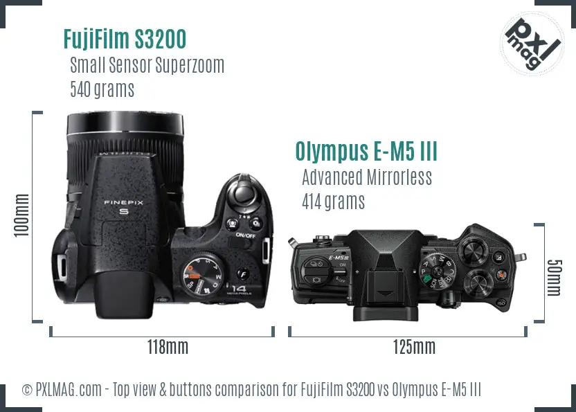 FujiFilm S3200 vs Olympus E-M5 III top view buttons comparison