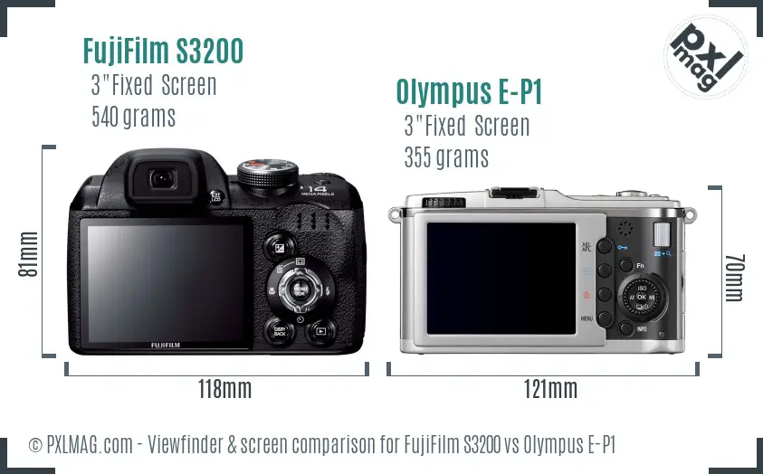 FujiFilm S3200 vs Olympus E-P1 Screen and Viewfinder comparison
