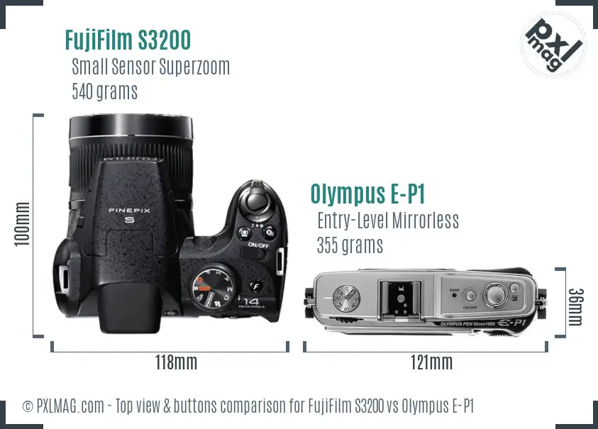 FujiFilm S3200 vs Olympus E-P1 top view buttons comparison