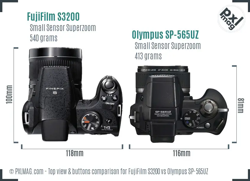 FujiFilm S3200 vs Olympus SP-565UZ top view buttons comparison