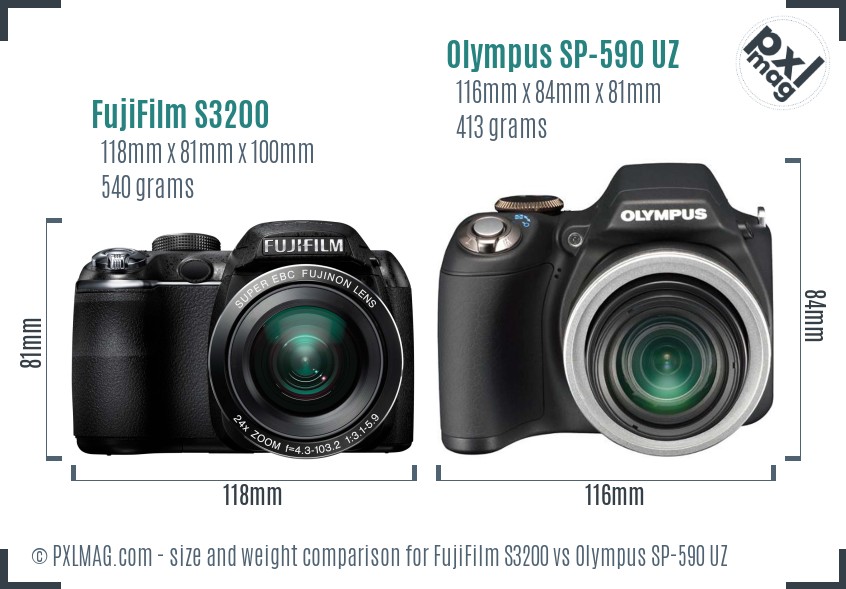 FujiFilm S3200 vs Olympus SP-590 UZ size comparison FujiFilm S3200 vs Olympus SP-590 UZ size comparison
