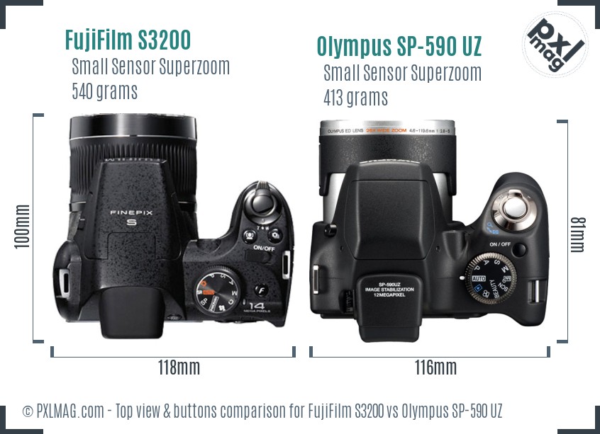 FujiFilm S3200 vs Olympus SP-590 UZ top view buttons comparison