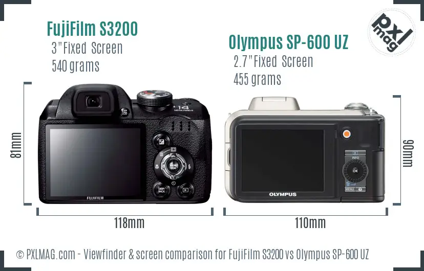 FujiFilm S3200 vs Olympus SP-600 UZ Screen and Viewfinder comparison