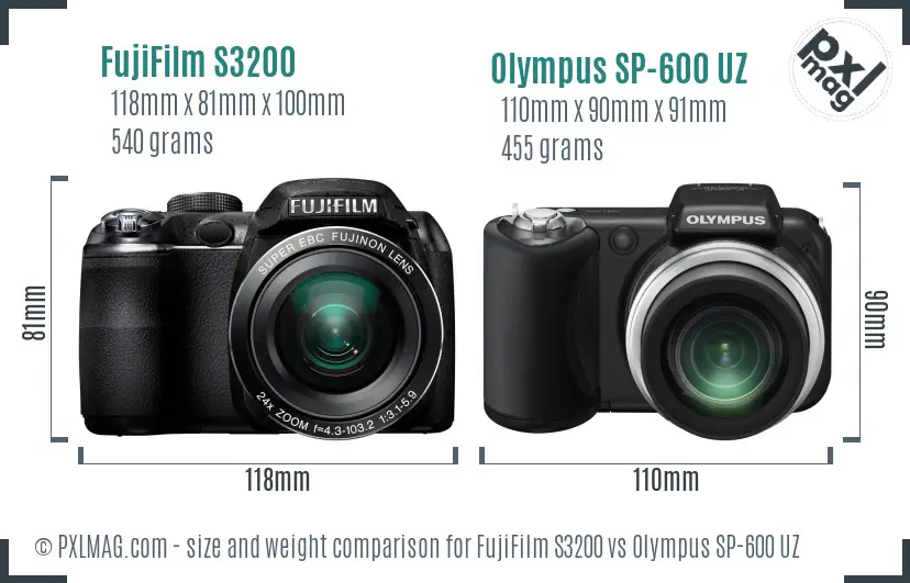 FujiFilm S3200 vs Olympus SP-600 UZ size comparison