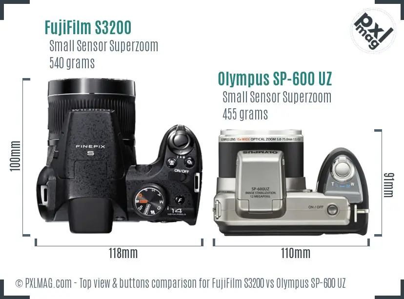 FujiFilm S3200 vs Olympus SP-600 UZ top view buttons comparison