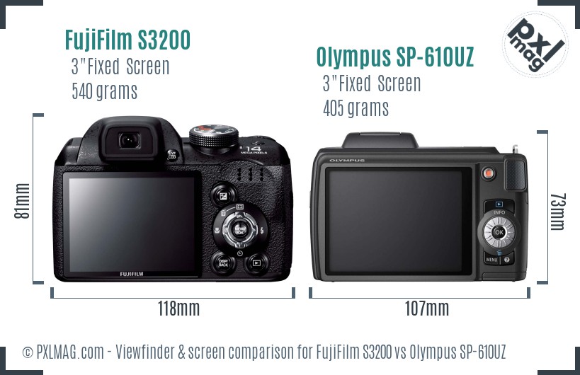 FujiFilm S3200 vs Olympus SP-610UZ Screen and Viewfinder comparison