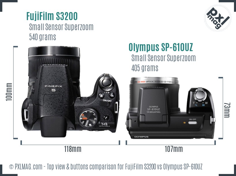 FujiFilm S3200 vs Olympus SP-610UZ top view buttons comparison
