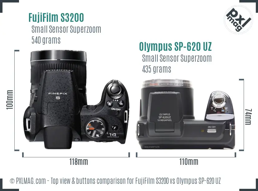 FujiFilm S3200 vs Olympus SP-620 UZ top view buttons comparison FujiFilm S3200 vs Olympus SP-620 UZ top view buttons comparison