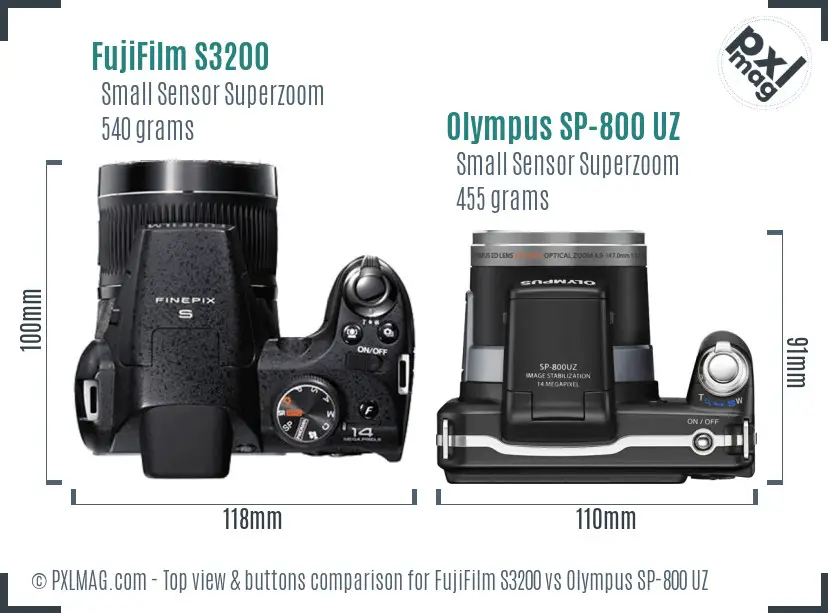 FujiFilm S3200 vs Olympus SP-800 UZ top view buttons comparison