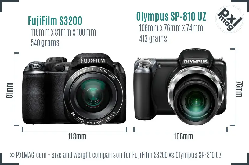 FujiFilm S3200 vs Olympus SP-810 UZ size comparison