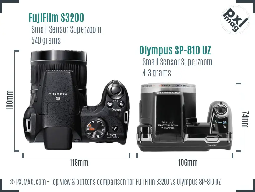 FujiFilm S3200 vs Olympus SP-810 UZ top view buttons comparison