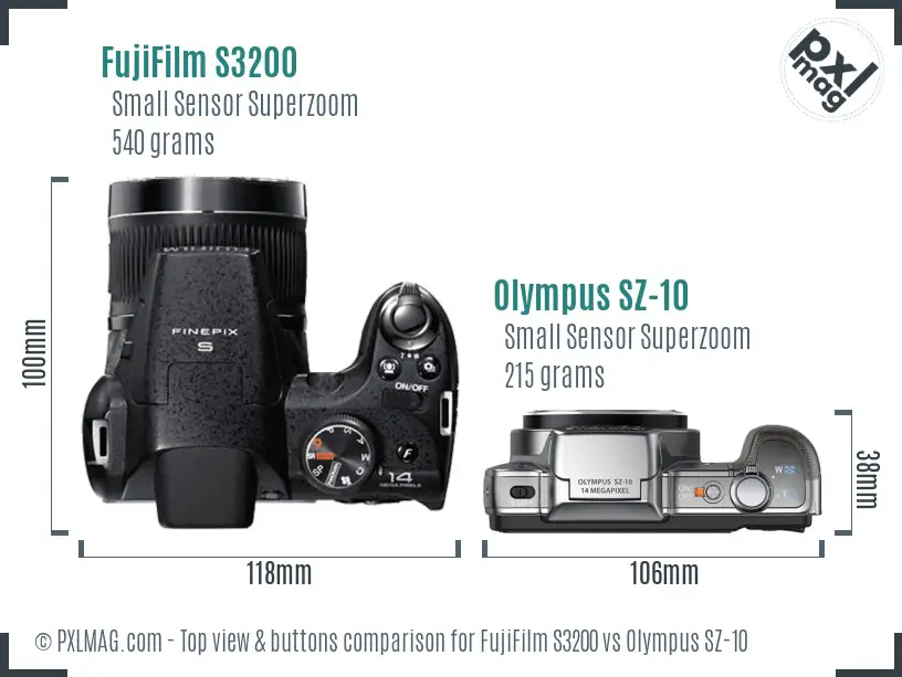 FujiFilm S3200 vs Olympus SZ-10 top view buttons comparison FujiFilm S3200 vs Olympus SZ-10 top view buttons comparison