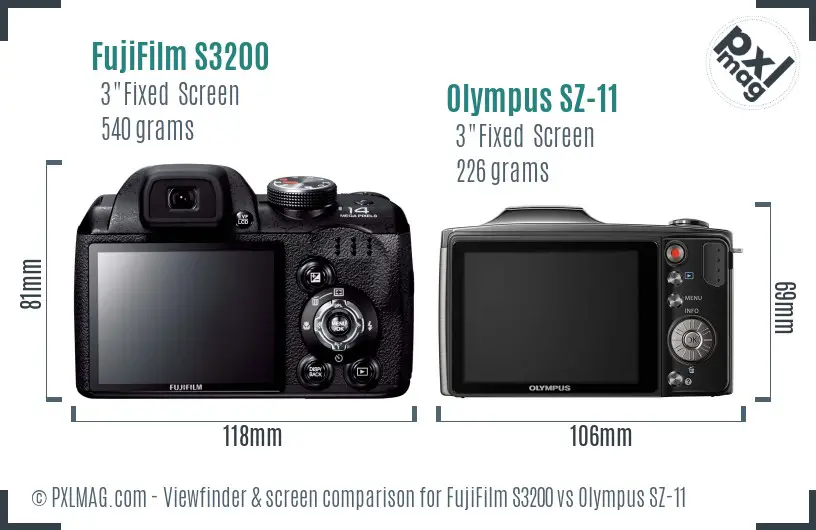 FujiFilm S3200 vs Olympus SZ-11 Screen and Viewfinder comparison