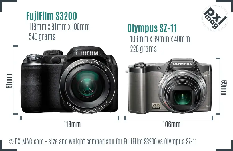 FujiFilm S3200 vs Olympus SZ-11 size comparison