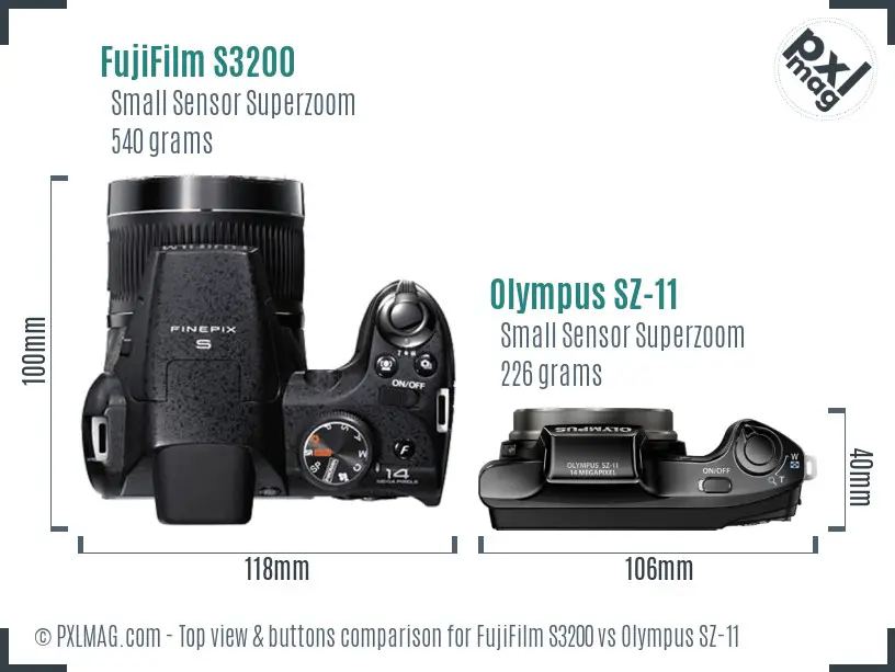 FujiFilm S3200 vs Olympus SZ-11 top view buttons comparison