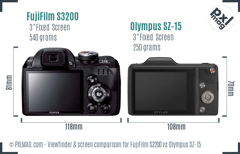 FujiFilm S3200 vs Olympus SZ-15 Screen and Viewfinder comparison