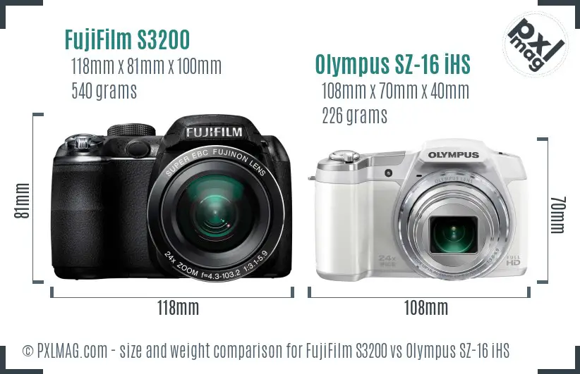 FujiFilm S3200 vs Olympus SZ-16 iHS size comparison FujiFilm S3200 vs Olympus SZ-16 iHS size comparison