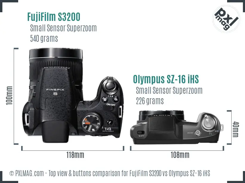 FujiFilm S3200 vs Olympus SZ-16 iHS top view buttons comparison FujiFilm S3200 vs Olympus SZ-16 iHS top view buttons comparison
