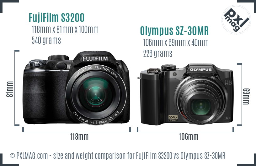 FujiFilm S3200 vs Olympus SZ-30MR size comparison FujiFilm S3200 vs Olympus SZ-30MR size comparison
