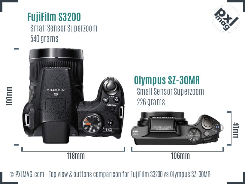 FujiFilm S3200 vs Olympus SZ-30MR top view buttons comparison
