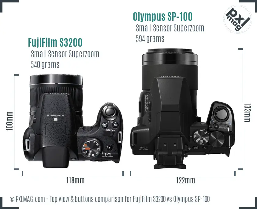 FujiFilm S3200 vs Olympus SP-100 top view buttons comparison