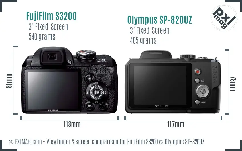 FujiFilm S3200 vs Olympus SP-820UZ Screen and Viewfinder comparison
