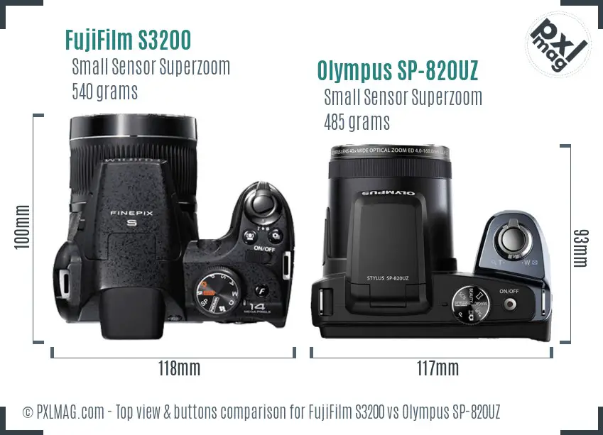 FujiFilm S3200 vs Olympus SP-820UZ top view buttons comparison