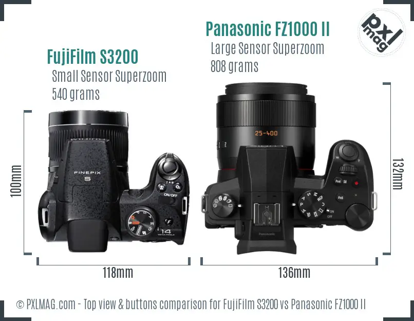 FujiFilm S3200 vs Panasonic FZ1000 II top view buttons comparison