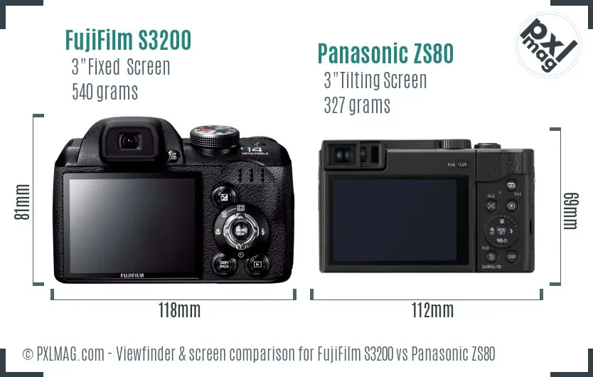 FujiFilm S3200 vs Panasonic ZS80 Screen and Viewfinder comparison
