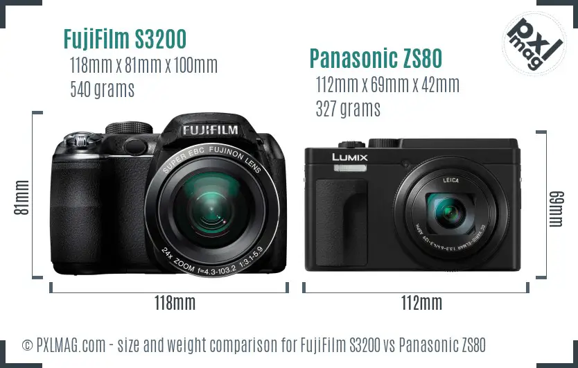 FujiFilm S3200 vs Panasonic ZS80 size comparison