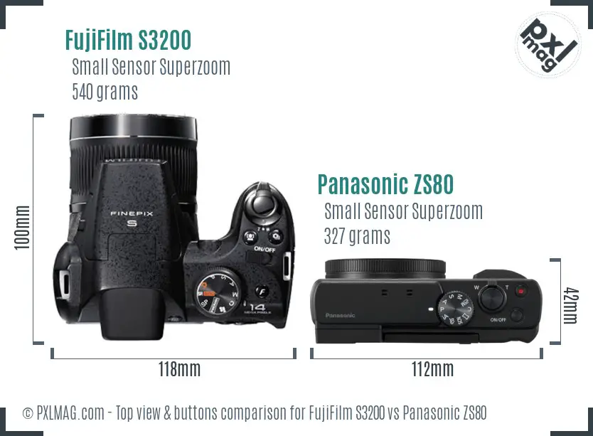 FujiFilm S3200 vs Panasonic ZS80 top view buttons comparison