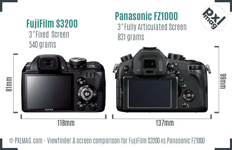 FujiFilm S3200 vs Panasonic FZ1000 Screen and Viewfinder comparison