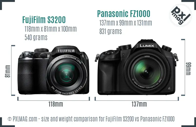 FujiFilm S3200 vs Panasonic FZ1000 size comparison
