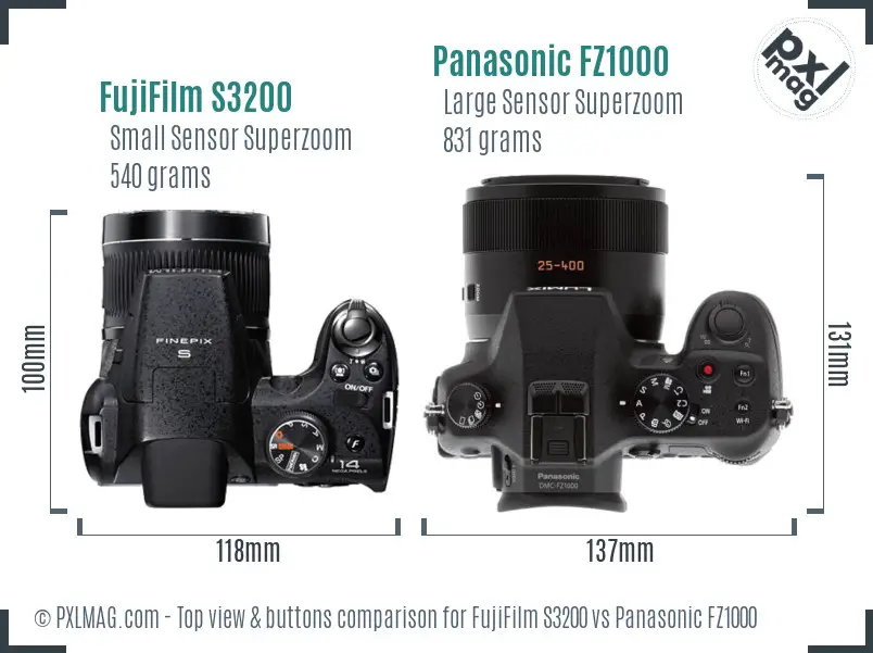 FujiFilm S3200 vs Panasonic FZ1000 top view buttons comparison