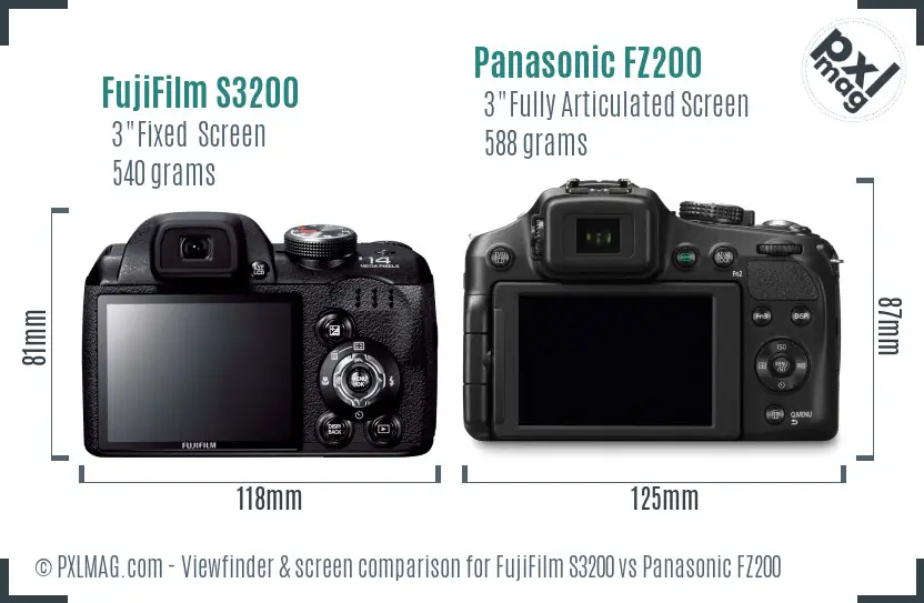 FujiFilm S3200 vs Panasonic FZ200 Screen and Viewfinder comparison
