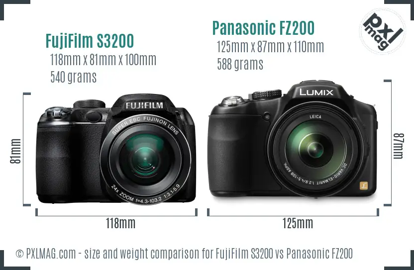 FujiFilm S3200 vs Panasonic FZ200 size comparison