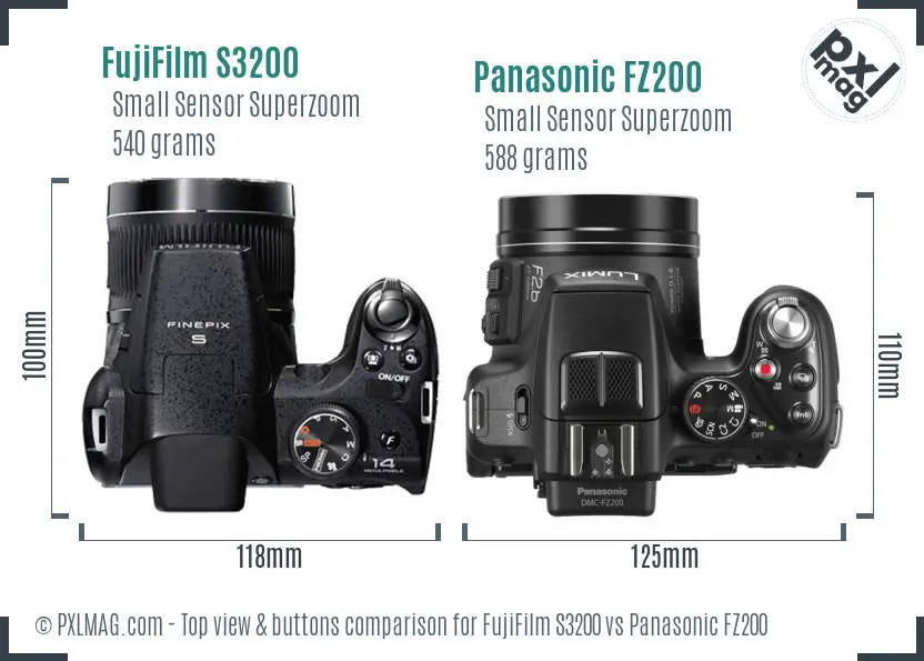 FujiFilm S3200 vs Panasonic FZ200 top view buttons comparison