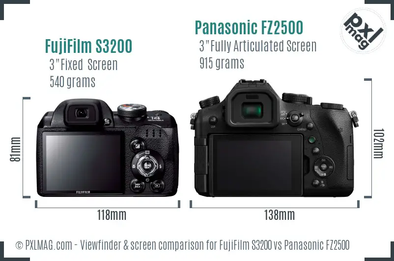 FujiFilm S3200 vs Panasonic FZ2500 Screen and Viewfinder comparison