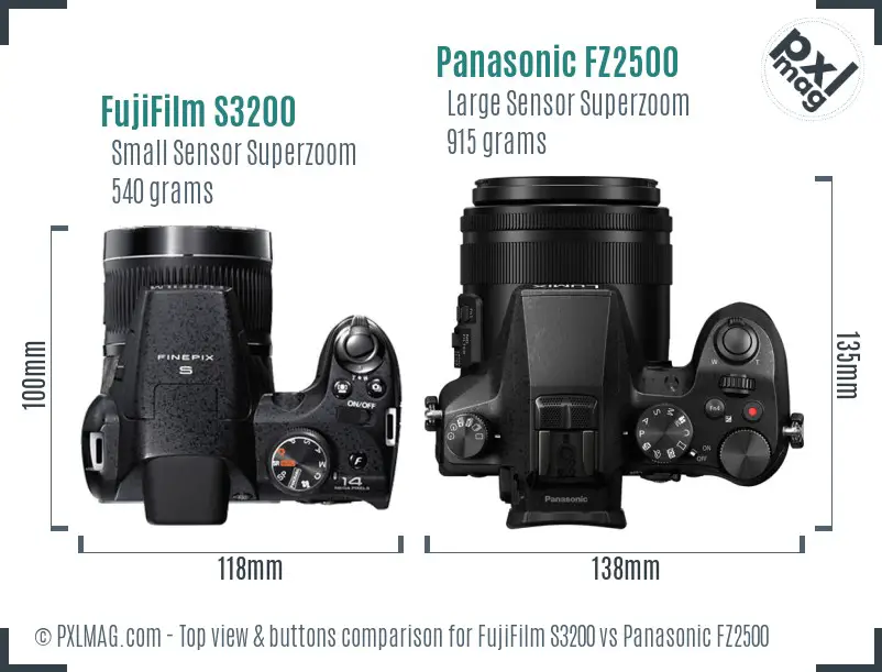 FujiFilm S3200 vs Panasonic FZ2500 top view buttons comparison