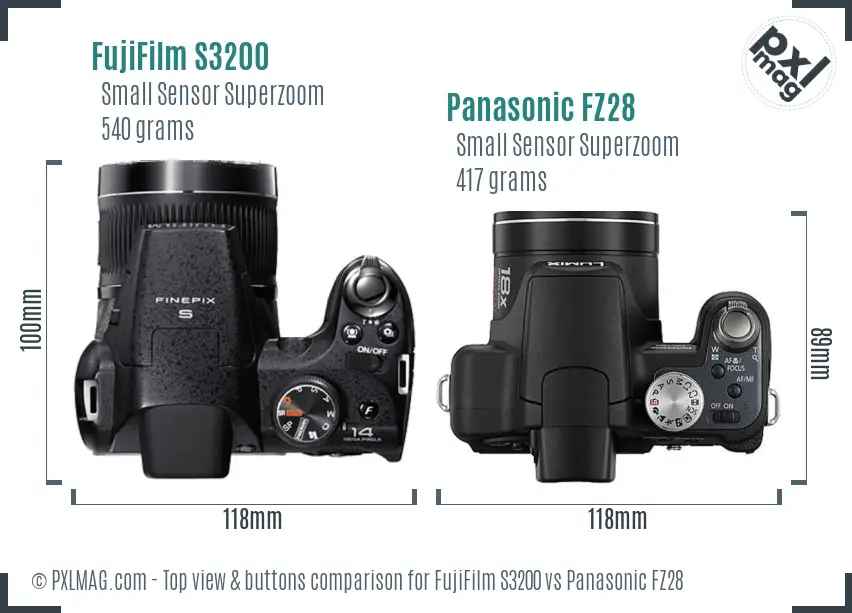 FujiFilm S3200 vs Panasonic FZ28 top view buttons comparison