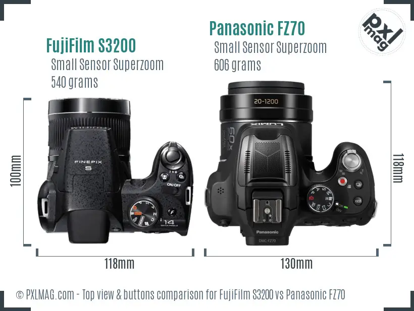 FujiFilm S3200 vs Panasonic FZ70 top view buttons comparison FujiFilm S3200 vs Panasonic FZ70 top view buttons comparison