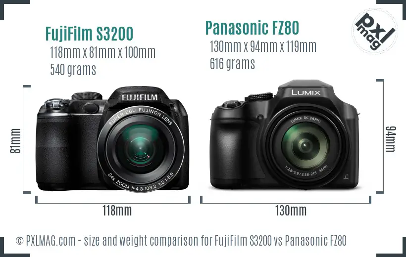 FujiFilm S3200 vs Panasonic FZ80 size comparison